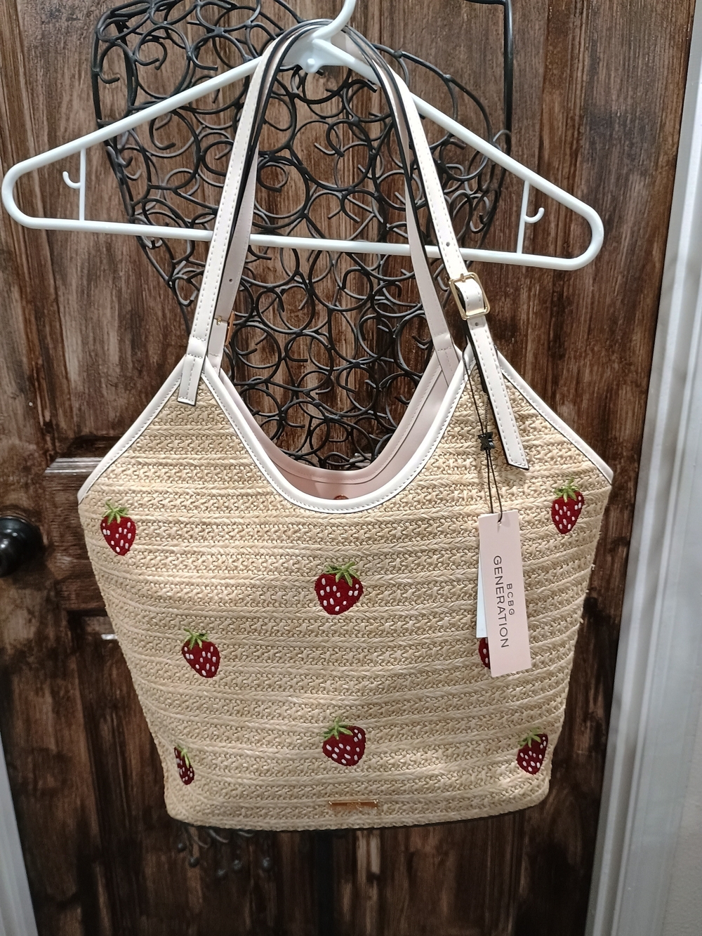 Straw Tote Bag with Red Strawberry Embroidery -